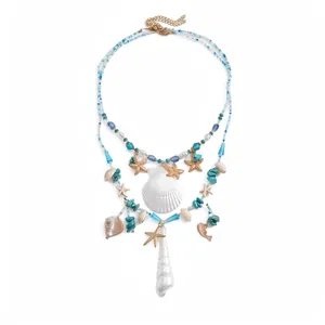 Bohemian multi-layer beaded necklace with shell and starfish charms for beach vacation