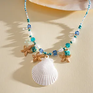 Detailed view of beach-themed beaded necklace with starfish charms and white shell