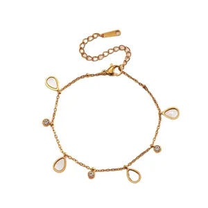 Elegant gold titanium steel anklet with teardrop charms and crystal accents for women