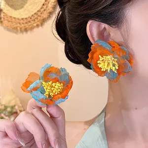 Exaggerated Chiffon Flower Stud Earrings for Women French Retro Handmade Fabric Floral Earrings Summer Vacation Jewelry