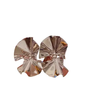 Vintage metallic pleated fan statement earrings with shiny chrome finish silver needles