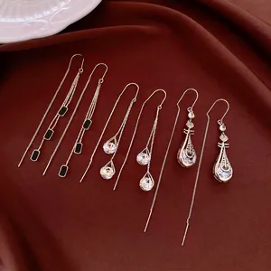 Elegant 14k gold plated silver dangling ear lines with cubic zirconia waterdrop charms