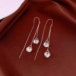 14k gold plated threader earrings featuring water-drop crystals with numeric motifs