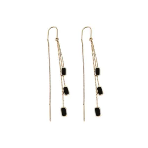 Elegant 14k gold plated long tassel threader earrings with black rectangular charms