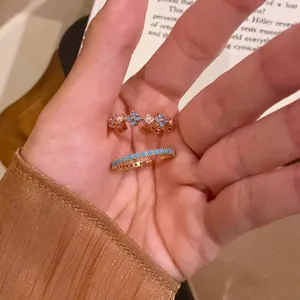 French Retro Copper Artificial Turquoise Flower Ring With Zirconia And Pearl Vintage Design Light Luxury Niche Finger Ring Women Jewelry