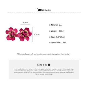 Macro detail of retro pink enamel flower earrings with product dimensions and attributes