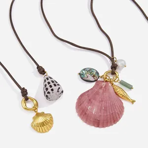 Stainless Steel Shell Pendant Necklace For Women Artificial Pearl Sea Snail Charms Brown Wax Cord Bohemian Long Chain Jewelry