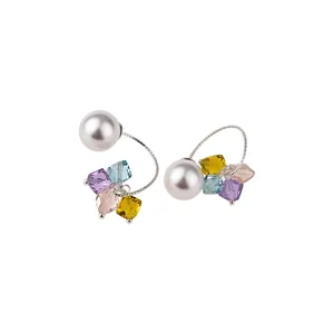 Dopamine style silver hoop earrings featuring colorful crystal beads and white pearls