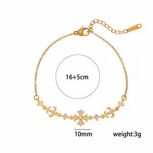 Gold-plated zircon bracelet featuring cross motifs, length 16+5cm, 10mm charm, 3g