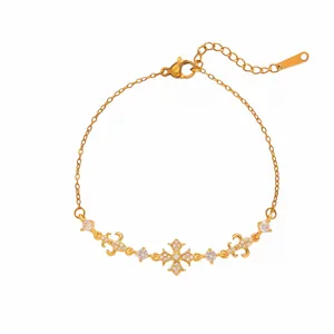 Elegant 18K gold plated bracelet with zircon cross and fleur-de-lis motifs