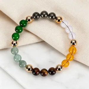 Detail view of natural tiger eye and citrine beaded bracelet for wealth and success
