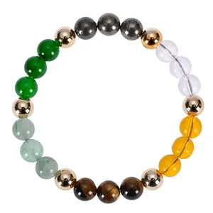 Multicolor natural stone beaded bracelet with citrine and tiger's eye on white background