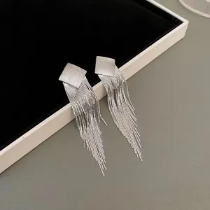 Κοντινό πλάνο από κομψά ασημένια σκουλαρίκια με φούντες και τετράγωνο σχέδιο