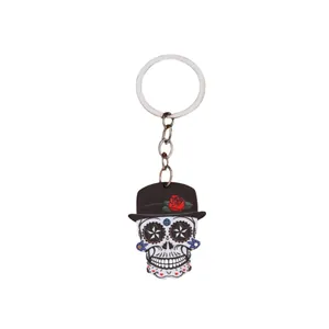 Gothic skull keychain with black top hat and red roses for Halloween decor