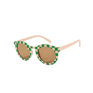 Trendy children's round sunglasses with green checkerboard pattern frame for UV protection.