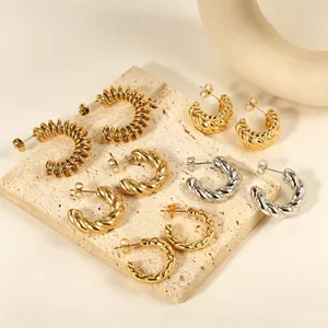 C Shaped Stud Earrings 18K Gold Plated Stainless Steel Twisted Rope Design Hypoallergenic Fashion Jewelry For Women