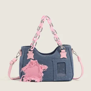 Women Casual Canvas Shoulder Bag With Pink Chunky Chain Heart Star Decor Y2K Crossbody Handbag For Daily Travel Gift