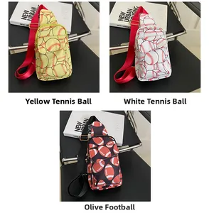 Detailed view of women's nylon chest bags featuring baseball and rugby sports patterns