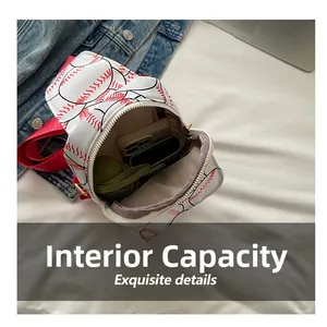 Detailed interior view of a baseball print nylon chest bag showing storage space