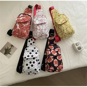 Collection of nylon crossbody chest bags featuring various sports ball prints like soccer