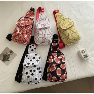 Nylon sling bags with sports ball patterns: basketball, soccer, and baseball designs.