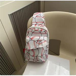Detailed view of a white nylon chest bag featuring a vibrant red and black baseball print.