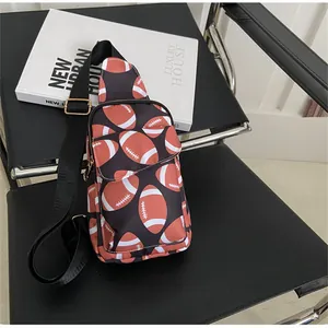 Detail view of the durable nylon chest bag featuring a vibrant American football pattern.