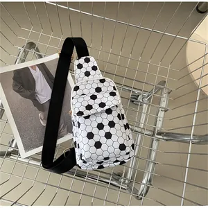 Detailed view of a soccer pattern nylon chest bag placed in a metal shopping cart