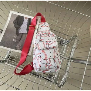 Macro view of nylon chest bag with trendy red baseball print and wide red strap