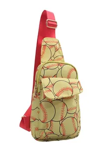 Nylon crossbody chest bag with sports baseball print and vibrant red adjustable strap