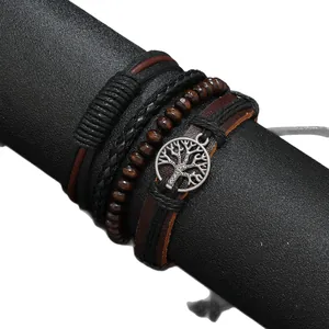 Vintage handmade 4-piece multilayer leather bracelet set featuring Tree of Life charm