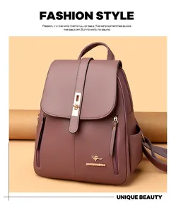 Elegant purple faux leather backpack for women with gold kangaroo logo detail