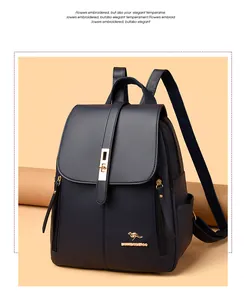 Elegant navy blue faux leather backpack for women with a gold kangaroo logo icon.