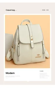 Detailed view of an elegant white faux leather backpack featuring a gold kangaroo logo