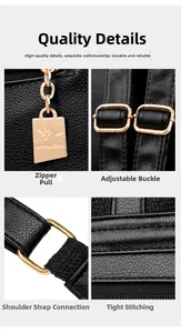 Close-up details of black leather backpack with gold hardware and fine stitching