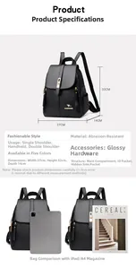 Women's black minimalist backpack showing dimensions and A4 magazine size comparison