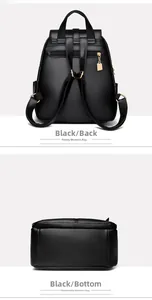 Detailed product views of the back and bottom of a black stylish women's backpack.