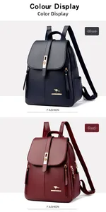 Close-up of stylish women's PU leather backpacks in navy blue and wine red colors.