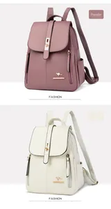 Detail view showing elegant women's faux leather backpacks in mauve and off-white colors.