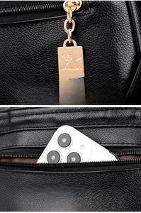 Close-up view of golden hardware zipper and back anti-theft pocket on women's black backpack