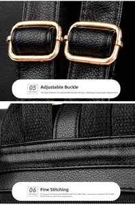 Close-up detail of golden metal buckles and fine stitching on a black leather backpack