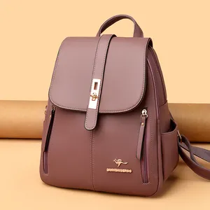 Stylish purple textured leather women's backpack with gold hardware and kangaroo logo