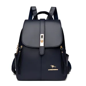 Professional navy blue women's fashion backpack with elegant lychee grain texture