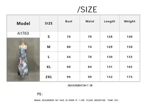 Detailed size chart for women's abstract print mesh camisole maxi vacation dress
