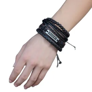 Ensemble de quatre bracelets noirs en cuir tressé pour homme avec plaque métal HOPE