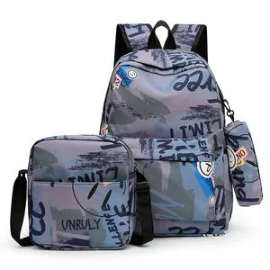 Vue détaillée du lot de 3 sacs à dos graffiti pour étudiants en tissu résistant à l'eau