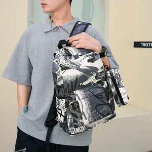 Ensemble sac à dos graffiti gris tendance pour étudiants incluant une petite pochette assortie