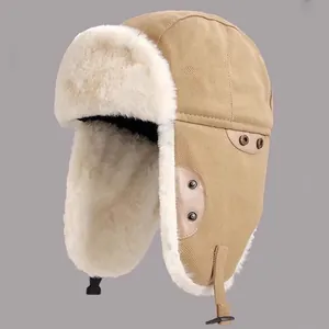 Warm khaki aviator hat with soft white faux fur lining and ear flaps for winter