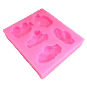 Pink silicone mold featuring 5 different car and vehicle shapes for DIY chocolate baking
