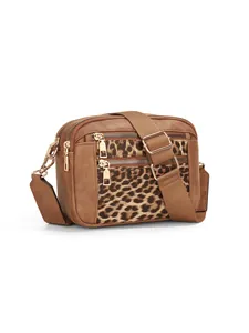 Close-up of a multifunctional brown crossbody bag with leopard print and gold hardware